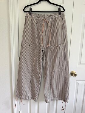 Blue & White Striped Utility Crop Cargo Pants SZ 16 Coastal Boho fisherman core